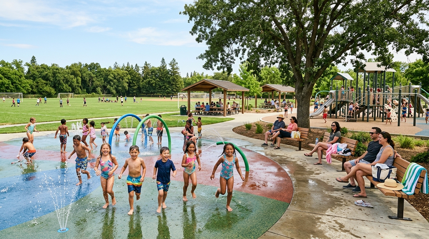 Children playing in a free water-play area at an Elk Grove park