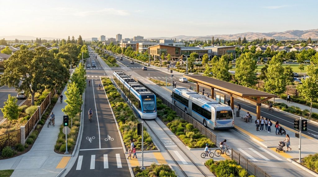 Concept of future light rail and rapid bus service in Elk Grove