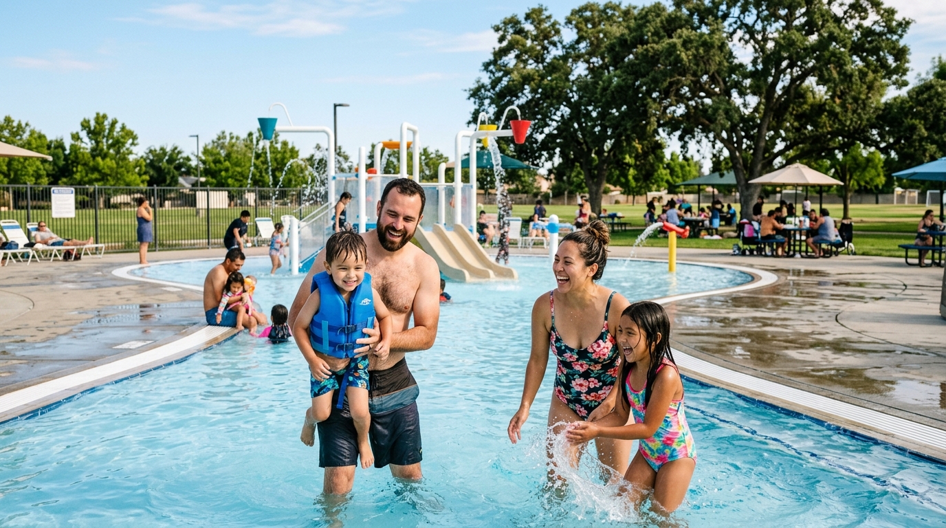 Families cooling down at an Elk Grove community pool