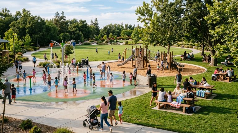 Families enjoying a splash pad and playground at an Elk Grove park