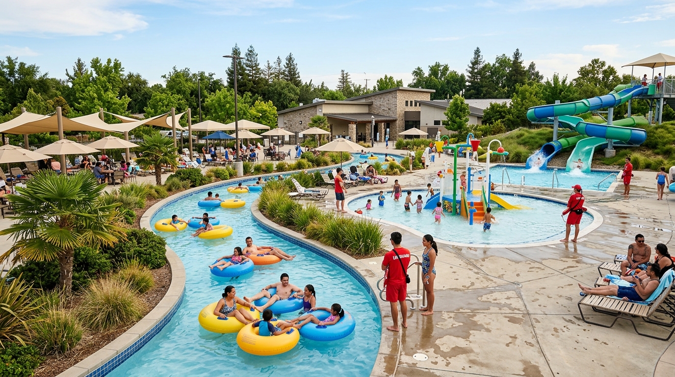 Families swimming and using water attractions at an Elk Grove aquatic center