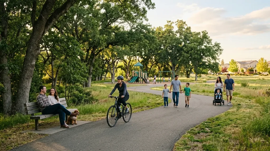 Families walking and cycling through a peaceful Elk Grove park