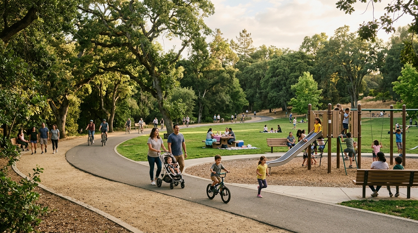 Families walking and relaxing at Elk Grove Park