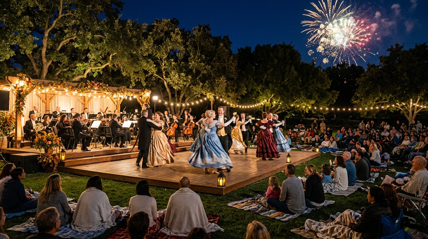 Strauss Festival dancers and orchestra performing in Elk Grove Park