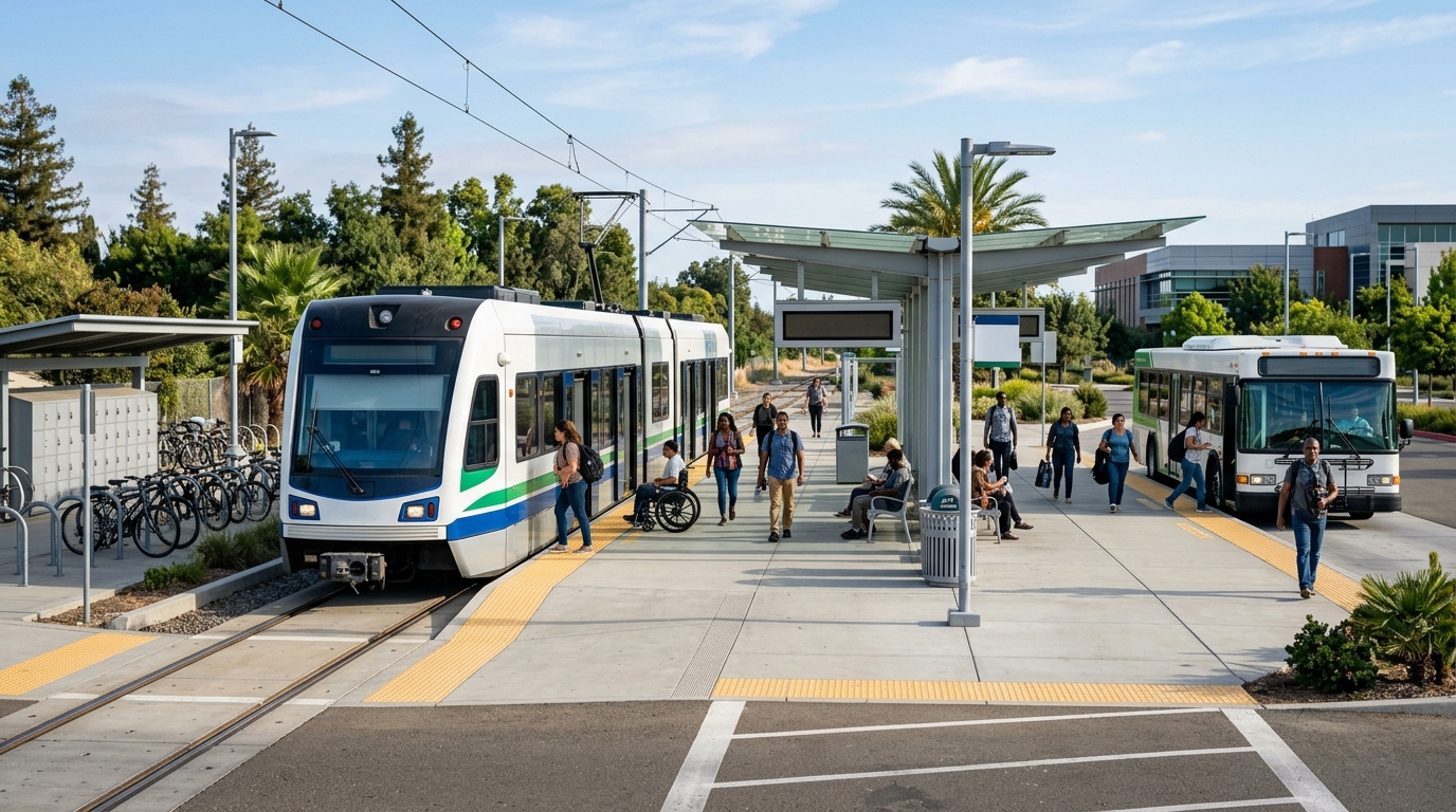 Transit passengers connecting between buses and light rail near Cosumnes River College