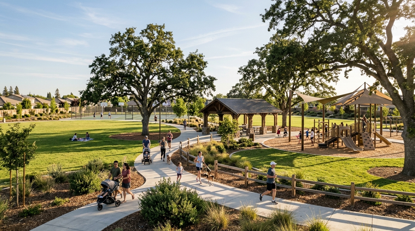 Conceptual Mendes Ranch Park in Elk Grove with oak trees, walking paths and family recreation areas