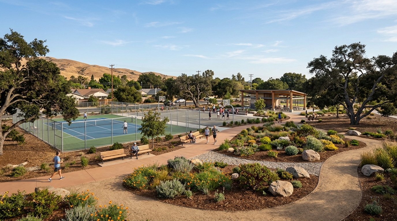 Conceptual sports courts and oak landscaping planned for Mendes Ranch Park in Elk Grove