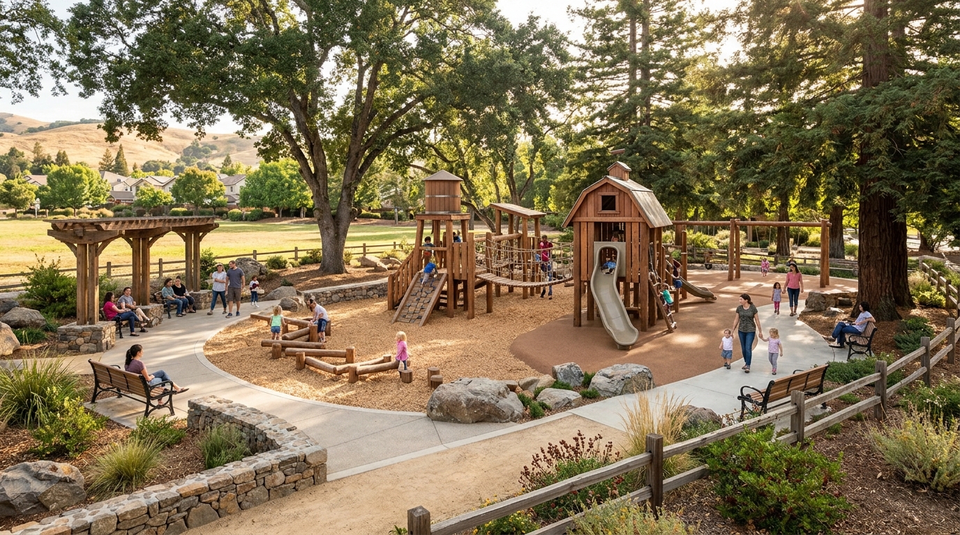 Proposed ranch-themed play environment illustrating Mendes Ranch Park's family recreation plans