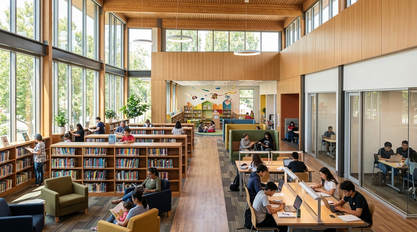 Study rooms reading areas and family spaces inside the new Elk Grove Library